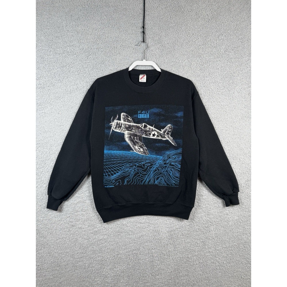 Vintage Vought F4U CORSAIR Jerzees Sweatshirt Sz L WWII bomber 1980s‎ Blackbird